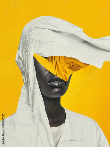 Contemporary abstract portrait with white and yellow fabric elements