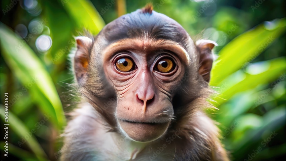 Obraz premium Adorable close-up of a curious monkey's expressive face, with bright inquisitive eyes, soft fur, and a playful smile, set against a blurred green jungle background.