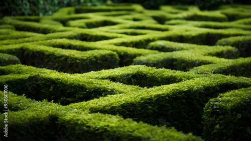 Intricate Green Hedge Labyrinth Enthralling in Sunlit Garden