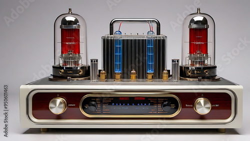 vintage tube amplifier with indicators for listening to music. Device isolated on a beige background. Old electronic radio components
