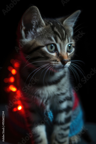 a kitten with blue eyes sitting on some christmas decorations.