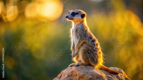 Wallpaper Mural Adorable meerkat stands upright on rocky outcrop, gazing curiously into distance with bright, inquisitive eyes, fur fluffed in the warm, golden African savannah sunlight. Torontodigital.ca