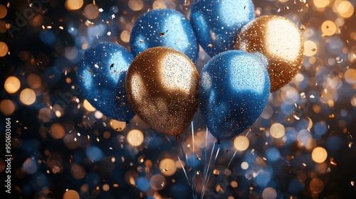 vibrant celebration scene golden and sapphire balloons floating upward shimmering confetti rain dreamy bokeh lights festive atmosphere joyous energy