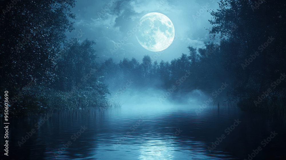 A tranquil lake under a moonlit sky, surrounded by trees with misty fog rolling in, creates an eerie yet captivating atmosphere in this calming nighttime scene. A tranquil lake under a moonlit sky, surrounded by trees with misty fog rolling in, creates an eerie yet captivating atmosphere in this calming nighttime scene.