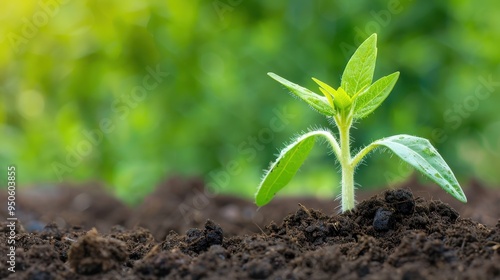 Close-up of a young green plant sprouting from fertile soil, symbolizing new life, growth, and environmental sustainability.