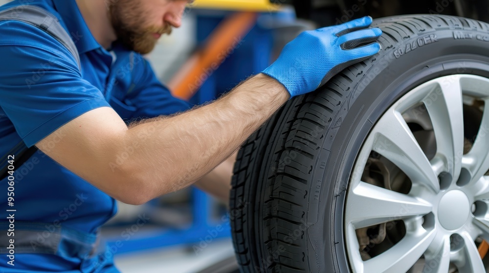 Close-up of a mechanic wearing gloves inspecting a car tire in a workshop, focusing on automotive maintenance and safety. Close-up of a mechanic wearing gloves inspecting a car tire in a workshop, focusing on automotive maintenance and safety.