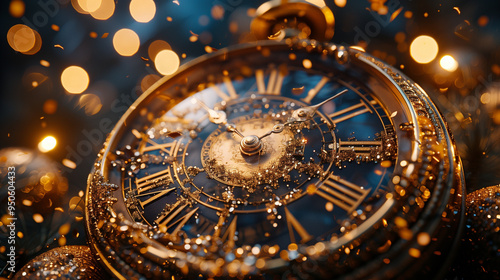 A clock showing the time of midnight, pointing to 12. Clock on a New Year's background with sparkling decorations.