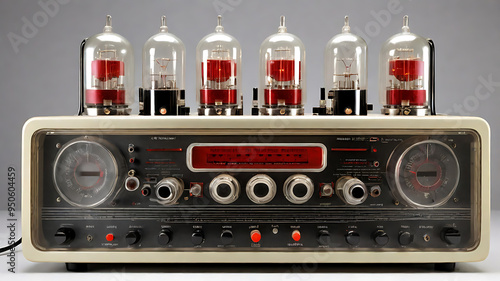 vintage tube amplifier with indicators for listening to music. Device isolated on a beige background. Old electronic radio components
