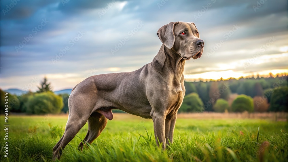 A Large, Short-Haired Dog With A Muscular Body And A Gray Coat Stands In A Field, Alert And Watchful, With Its Tail Wagging Slightly. A Large, Short-Haired Dog With A Muscular Body And A Gray Coat Stands In A Field, Alert And Watchful, With Its Tail Wagging Slightly.