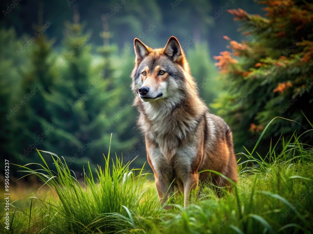 Fototapeta premium A Lone Wolf With Striking Reddish Fur Stands Majestically Against A Backdrop Of Tall Grass And Trees.