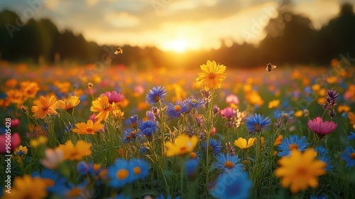 vibrant wildflower meadow in full bloom under golden summer sunlight diverse flora buzzing pollinators idyllic countryside
