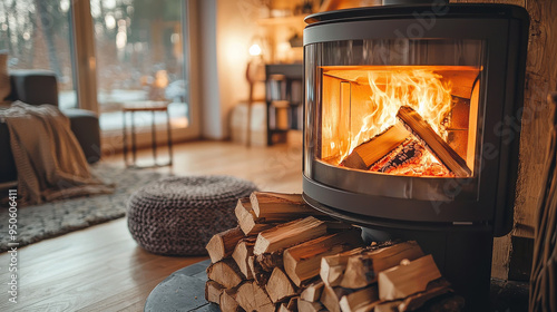 A warmly burning fireplace with neatly stacked wood logs creates a cozy and inviting atmosphere, perfect for relaxing and unwinding in the comfort of home during the chilly season.