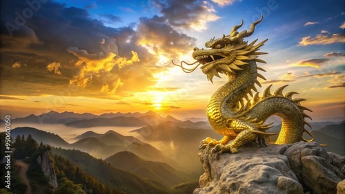 A majestic golden dragon statue stands proudly on a rocky cliff, symbolizing power and strength, with a serene mountain range background at sunset. photo