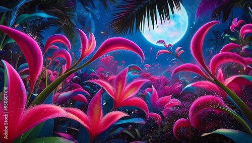 Neon infused tropical blossoms background. Generative Ai.