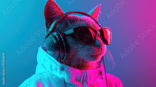A trendy cat dressed in sunglasses and headphones, striking a pose against a vibrant neon background, showcasing a cool and modern vibe that captivates with its unique flair.