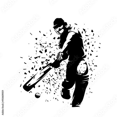Cricket player, batsman, in action, isolated vector silhouette, front view