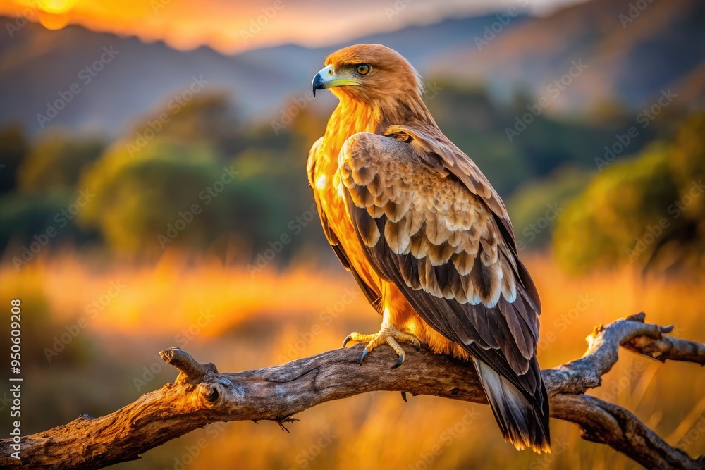 Fototapeta premium A majestic tawny eagle perches regally on a weathered branch, its golden-brown plumage glistening in the warm sunlight, gazing intently into the serene wilderness.