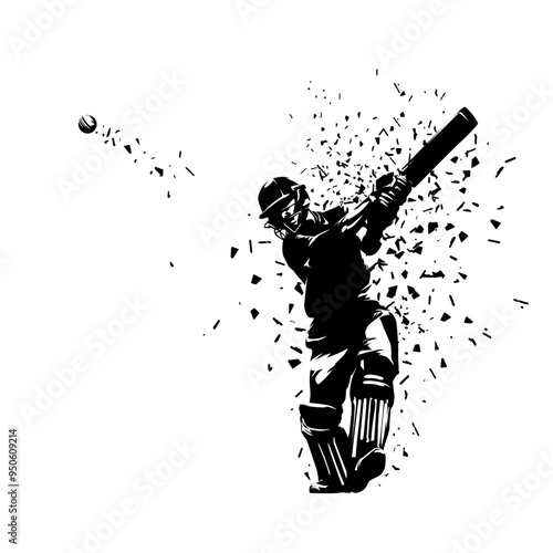 Cricket player, batsman, in action, isolated vector silhouette, front view