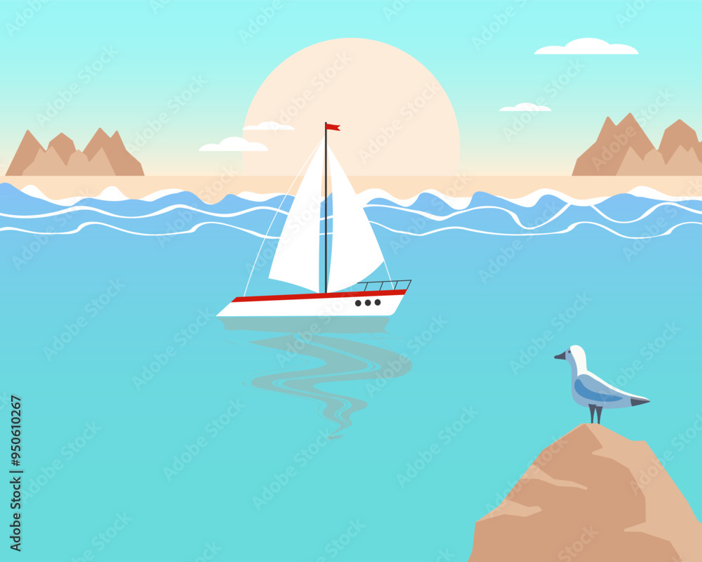 Naklejka premium Summer illustration, seascape with white yacht, seagull, mountains at sunset or sunrise. Pastel colors. Print, clip art, poster