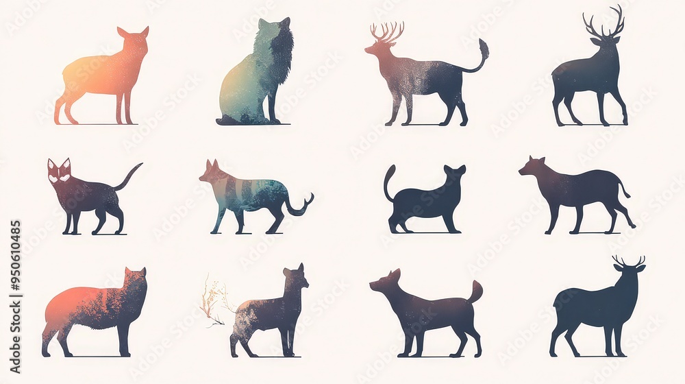 Stylized silhouettes of various animals, including cats and deer, with soft gradient colors, ideal for graphic design or artistic projects. Stylized silhouettes of various animals, including cats and deer, with soft gradient colors, ideal for graphic design or artistic projects.