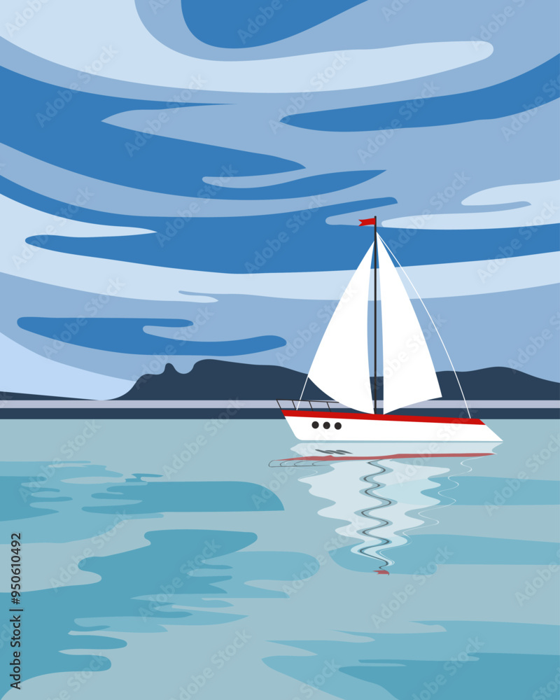 Naklejka premium Colorful white yacht in the ocean, seascape with cloudy sky. Travel concept. Summer illustration, vector