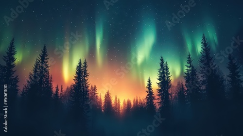 Stunning view of the Northern Lights illuminating the sky over a forest of pine trees, creating a magical and surreal natural phenomenon.