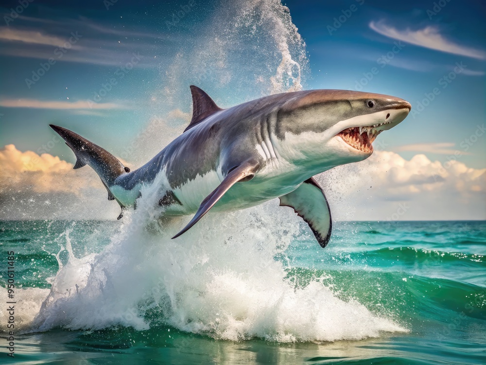Fototapeta premium A powerful great white shark breaches the surface of the ocean, its sleek gray body and sharp fins slicing through the turquoise water in pursuit of prey.