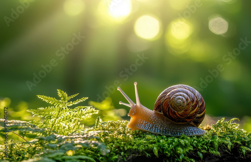 A beautiful sunlit scene featuring a snail with a detailed shell crawling on a mossy surface amidst ferns, capturing the essence of early morning tranquility in nature. photo