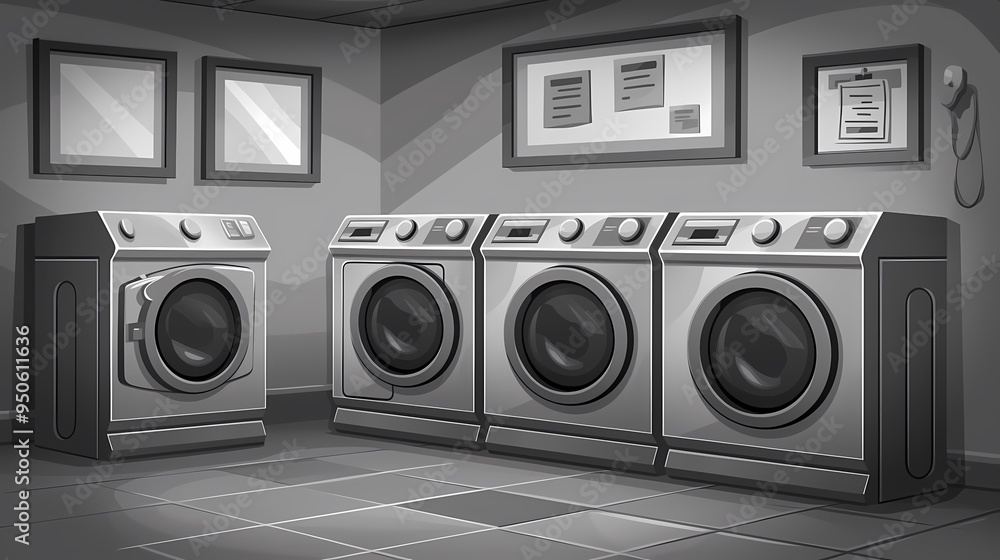 A modern laundry room featuring sleek, metallic washing machines. A modern laundry room featuring sleek, metallic washing machines.