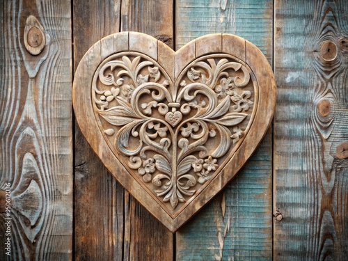 A rustic wooden heart-shaped wall plaque with intricate carvings and subtle textures adorns a distressed background, exuding warmth and vintage charm.