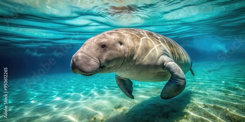 A serene marine mammal, the dugong, swims gracefully in the calm turquoise waters of a tropical ocean, its grey skin glistening in the sunlight. photo