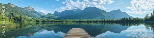 serene lake with wooden dock surrounded by green forests and mountain backdrop