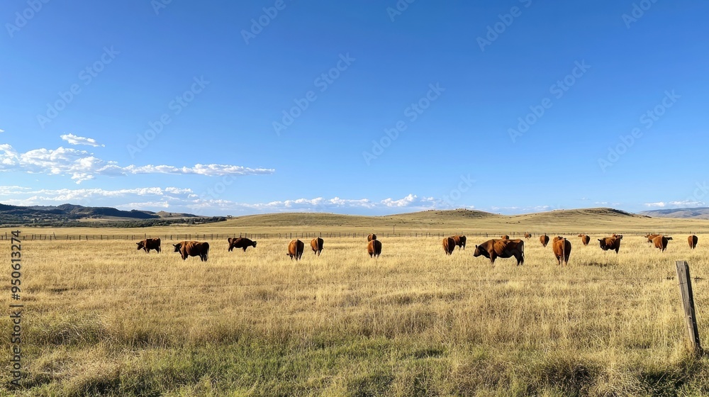 Obraz premium Brown Cows Grazing in a Vast, Sunny Field