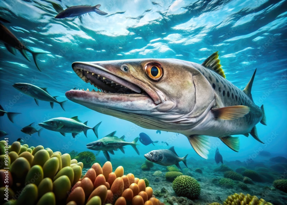 A sleek, silver barracuda with sharp teeth and menacing gaze swims through coral reef waters, its body undulating with powerful strokes amidst schools of small fish. A sleek, silver barracuda with sharp teeth and menacing gaze swims through coral reef waters, its body undulating with powerful strokes amidst schools of small fish.
