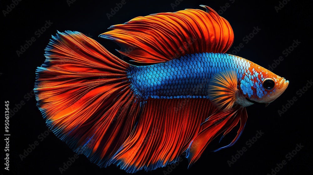 A vibrant, close-up image of a Betta fish with striking blue and orange fins, showcasing its beauty and the intricate details of its flowing form. A vibrant, close-up image of a Betta fish with striking blue and orange fins, showcasing its beauty and the intricate details of its flowing form.