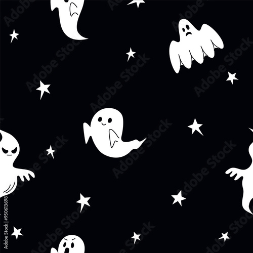 Seamless ghost illustrations pattern with black background