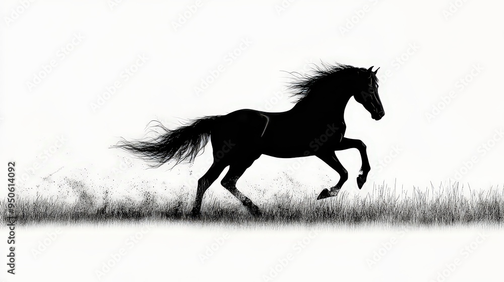 A dynamic silhouette of a horse galloping through tall grass, capturing its power, grace, and freedom in a striking black and white composition. A dynamic silhouette of a horse galloping through tall grass, capturing its power, grace, and freedom in a striking black and white composition.