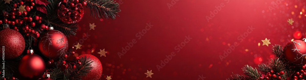 Christmas background with red decorations and garland on the left side of the frame, space for text in the center, a large empty area in the middle Generative AI Christmas background with red decorations and garland on the left side of the frame, space for text in the center, a large empty area in the middle Generative AI