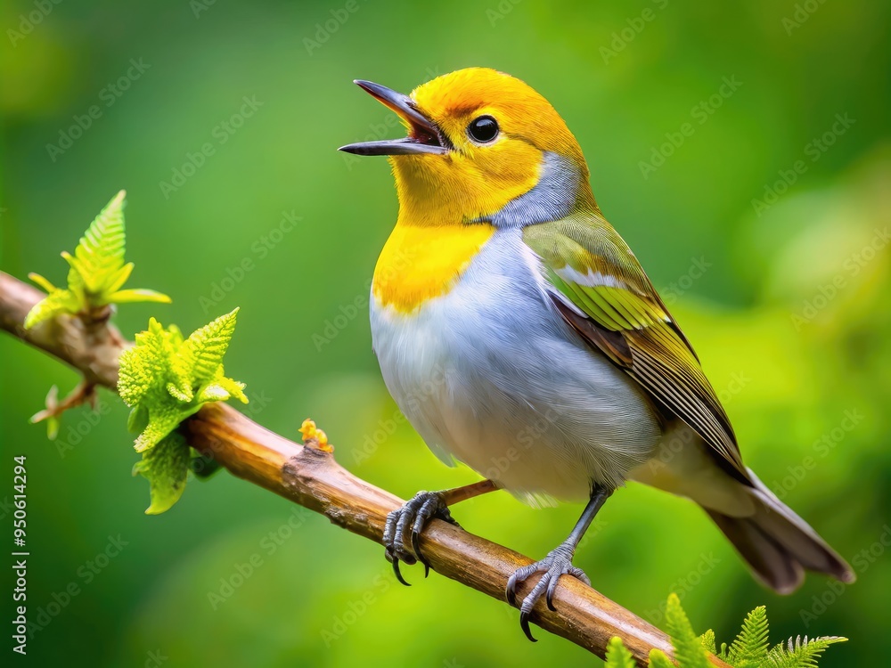 A small, migratory songbird with a distinctive yellow head, green back, and white underside perches on a branch, singing its melodic tune in a lush forest setting. A small, migratory songbird with a distinctive yellow head, green back, and white underside perches on a branch, singing its melodic tune in a lush forest setting.