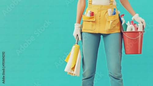 Cleaning lady in uniform holding a mop and bucket, standing on a solid color background. Various cleaning supplies like spray bottles and cloths are clipped to her utility belt, ready for work. photo