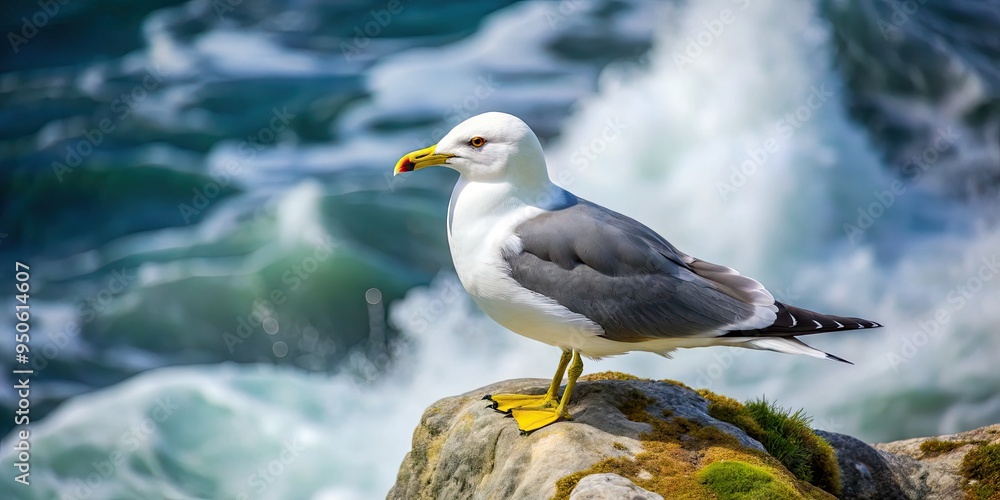 A small to medium-sized seabird with distinctive black legs and a white head, the Kittiwake gull perches on a rocky cliff overlooking a turbulent sea. A small to medium-sized seabird with distinctive black legs and a white head, the Kittiwake gull perches on a rocky cliff overlooking a turbulent sea.