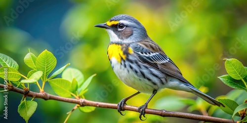 A small, vibrant yellow-rumped warbler perches on a branch amidst lush green foliage, its bright yellow crown and white underside glistening in the morning light. photo