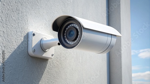 Modern outdoor security camera mounted on white wall, emphasizing sleek design and advanced features for monitoring and securing premises in high-resolution clarity. photo