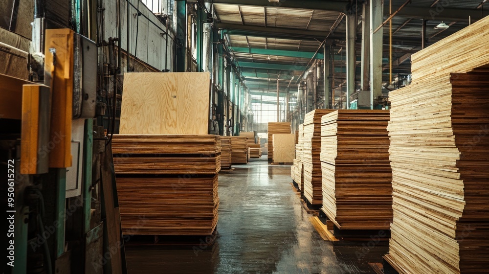 Plywood Sheets Stacked in a Warehouse Plywood Sheets Stacked in a Warehouse
