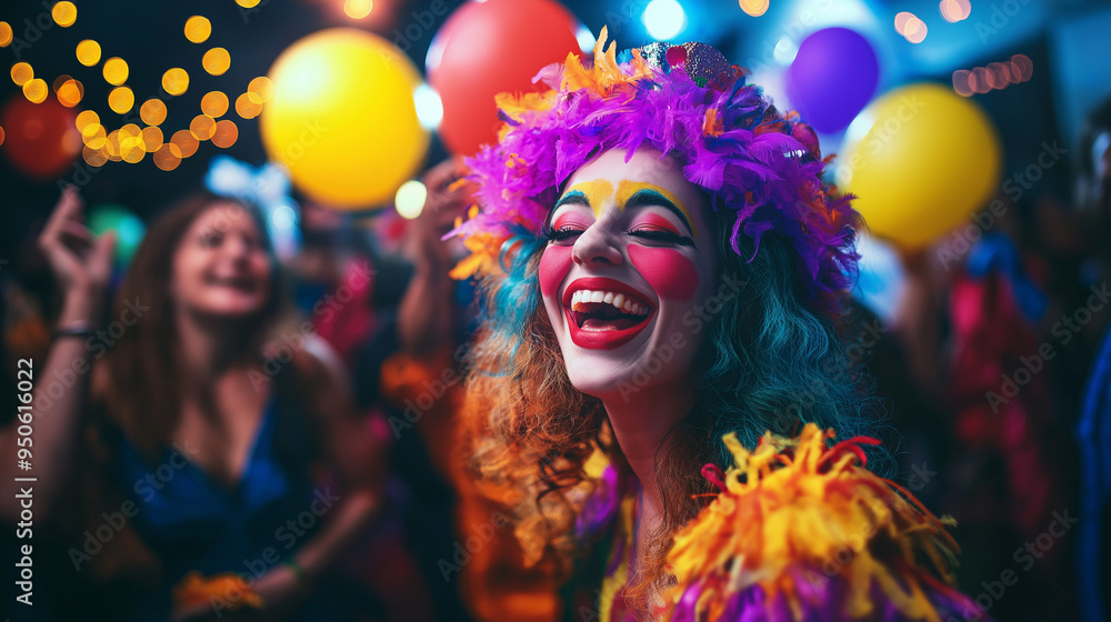 Cheerful woman with bright makeup laughing at holiday party with balloons Cheerful woman with bright makeup laughing at holiday party with balloons