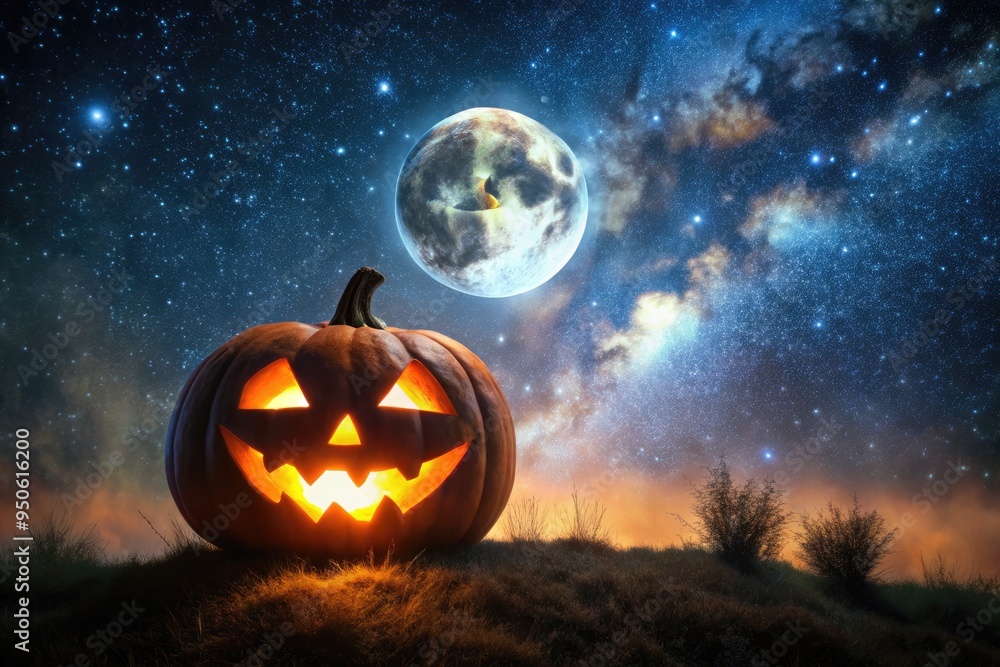 Naklejka premium A spooky pumpkin face silhouette stands out against a dark, starry night sky, illuminated by a full moon, evoking eerie Halloween atmosphere.