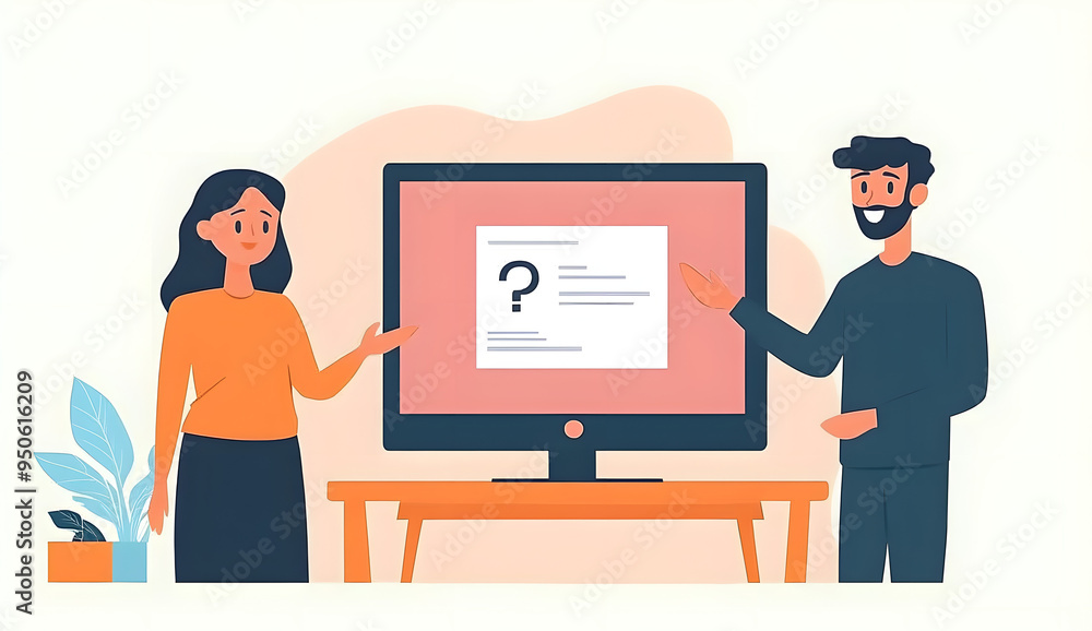 Illustration of two people having a video meeting, with one holding out their hand and the other presenting some documents on the screen Stock Illustration of two people having a video meeting, with one holding out their hand and the other presenting some documents on the screen Stock