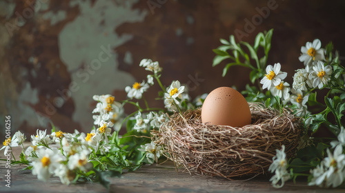 A single brown egg rests in a bird�s nest, nestled among delicate white flowers, set against a rustic wooden background, evoking themes of nature and new beginnings.