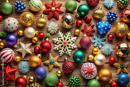 Assortment of intricately designed, colorful Christmas ornaments in various shapes and sizes, including snowflakes, balls, and figurines, displayed on a rustic wooden background.