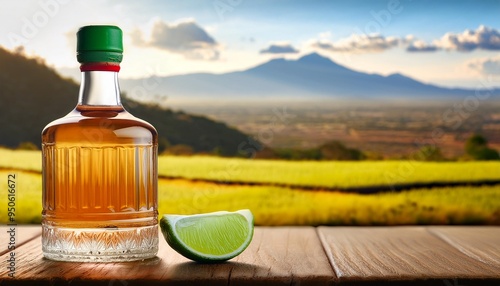 a bottle of tequila with a slice of lime on a wooden table with a blurred background of a mexican landscape generative ai photo